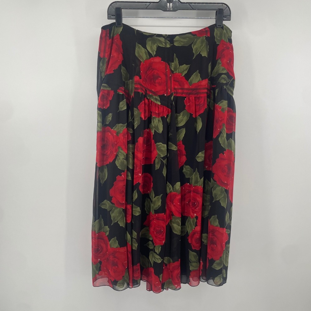 Nine West Midi Skirt Womens 14 Black Red Floral 100% Silk Rose Print A-Line